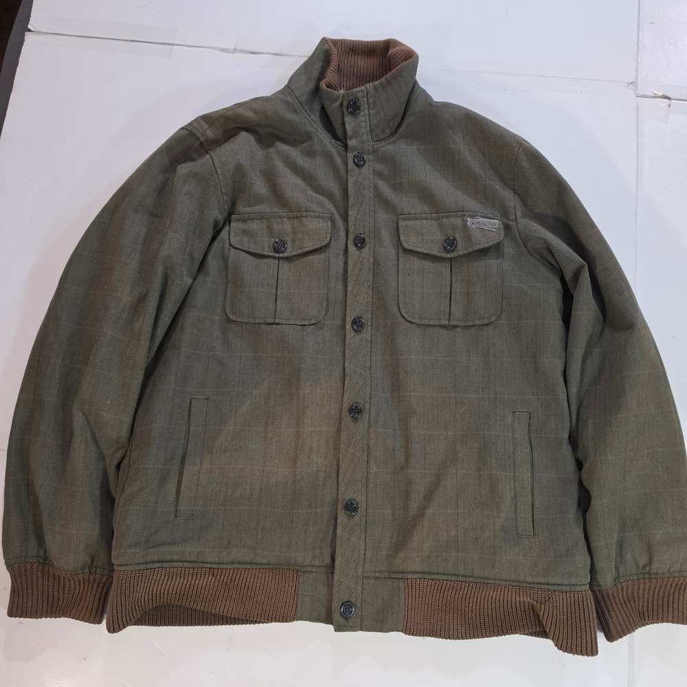 Billabong Mens XL Faux Fur Lined Herringbone Jacket Green Full Zip Button Front